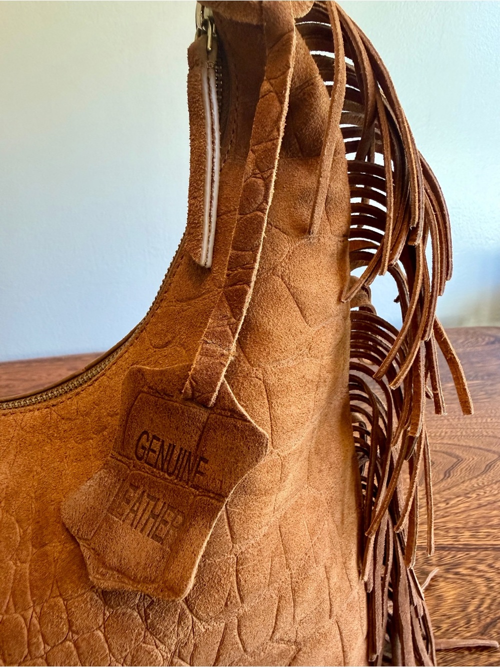 Haute Hippie Cognac Suede Croc-Embossed Fringe Hobo Shoulder Bag - Picture 7 of 10